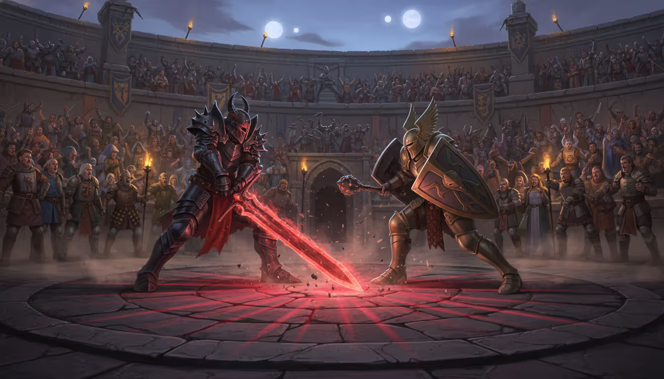 Two armored warriors fighting in a fantasy PvP arena with spectators and red energy slash effect