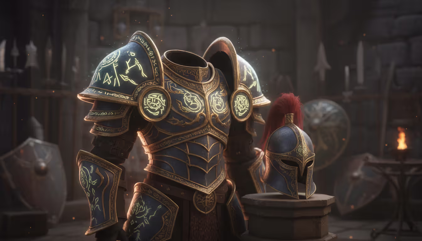 Close-up of a glowing fantasy warrior tier armor set with runic shoulders and engraved chestplate displayed on a stand in an armory