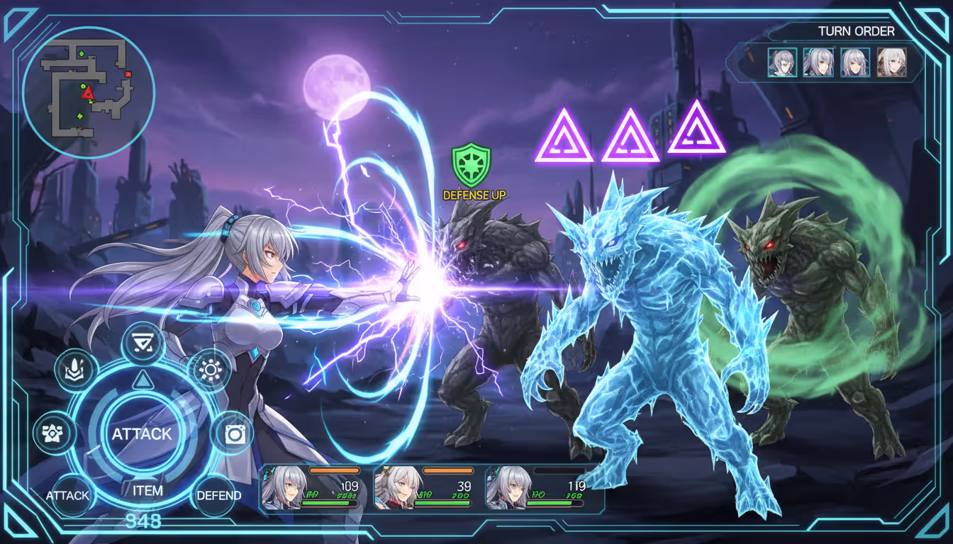 Anime RPG battle scene showing a female character applying three glowing purple debuff stacks on a frozen enemy during turn-based combat
