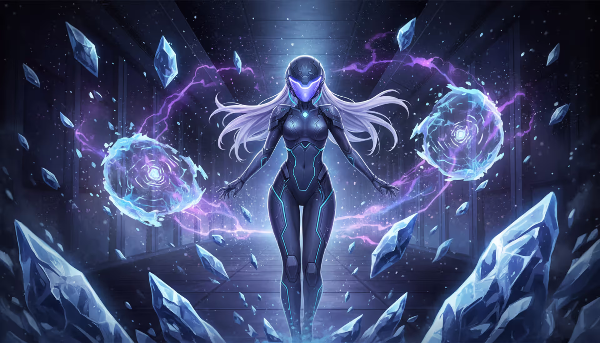 Anime-style female character in futuristic quantum-themed armor surrounded by ice shards and glowing purple temporal fractures in a dark cosmic corridor