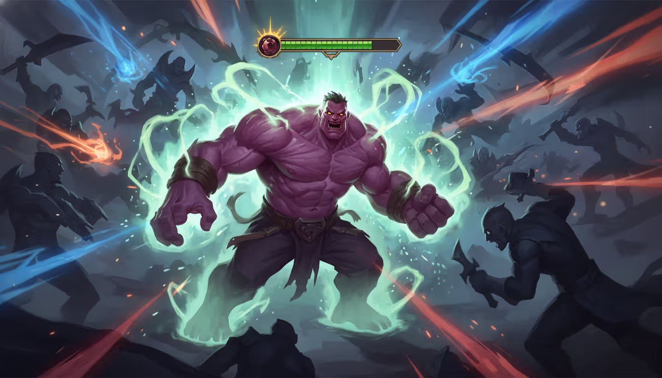 Dr Mundo activating his ultimate ability with green regeneration glow during an intense teamfight
