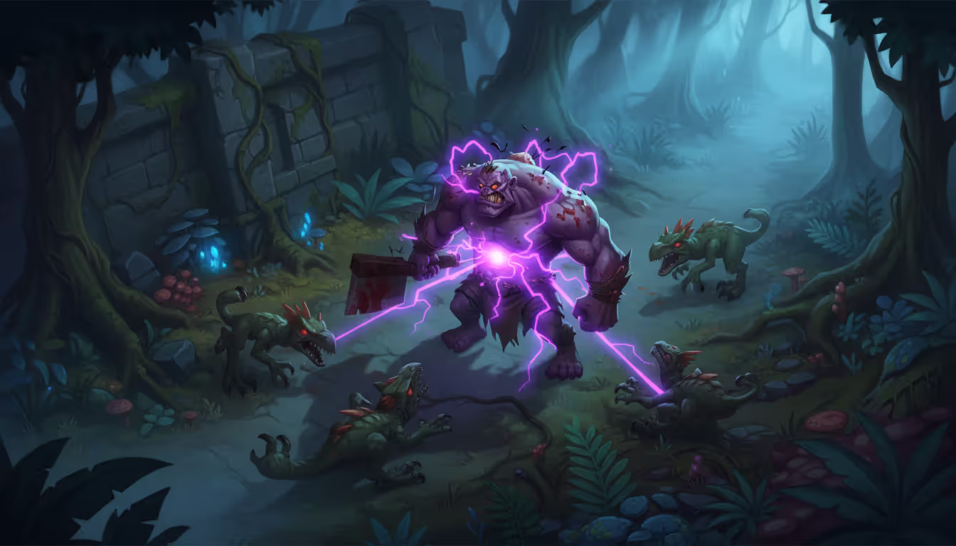 Dr Mundo clearing jungle raptor camp with Heart Zapper ability active showing purple electric aura in dark forest