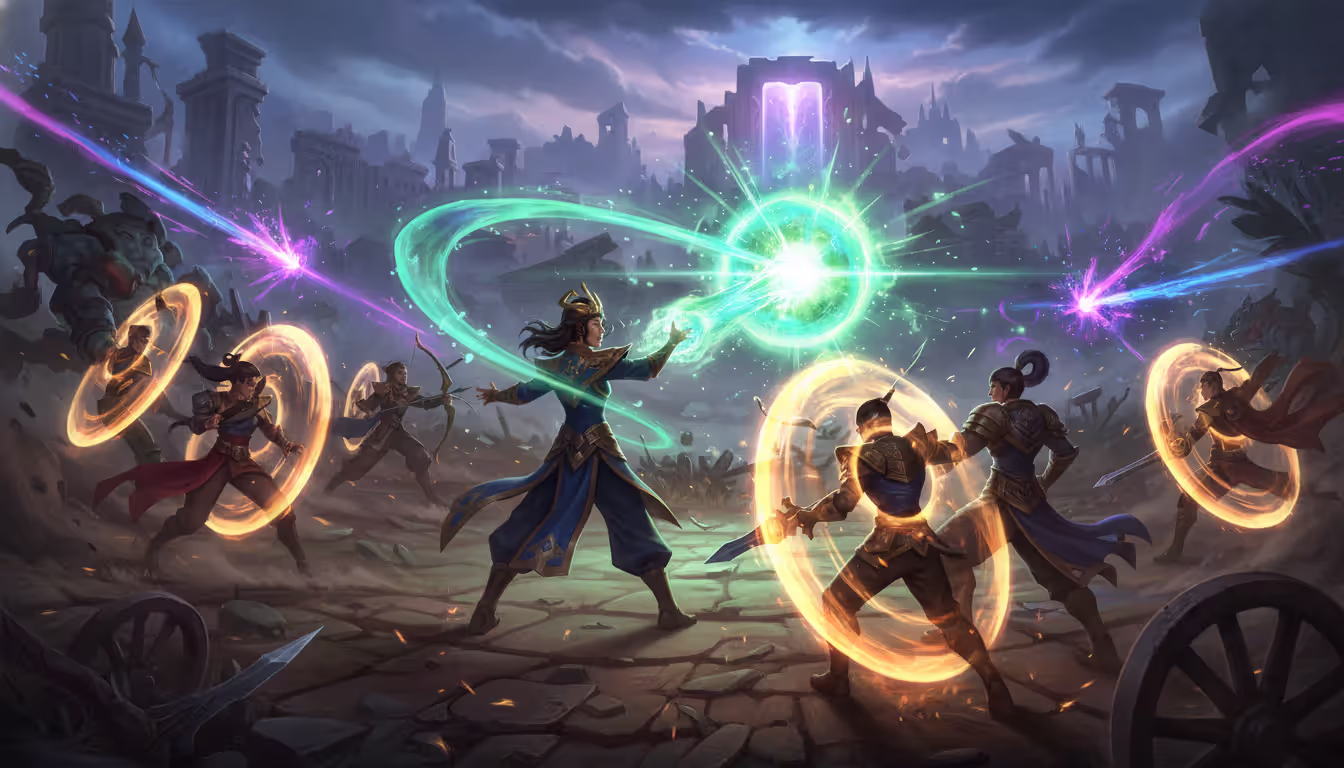 Karma launching Inner Flame ability into a group of enemies during an intense 5v5 teamfight with green magical explosions and shielded allies nearby