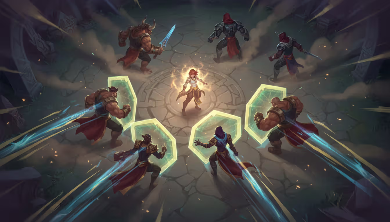 Karma activating Mantra-E Defiance creating AOE green-gold shields on four nearby allied champions with speed boost effects while enemies retreat in the background