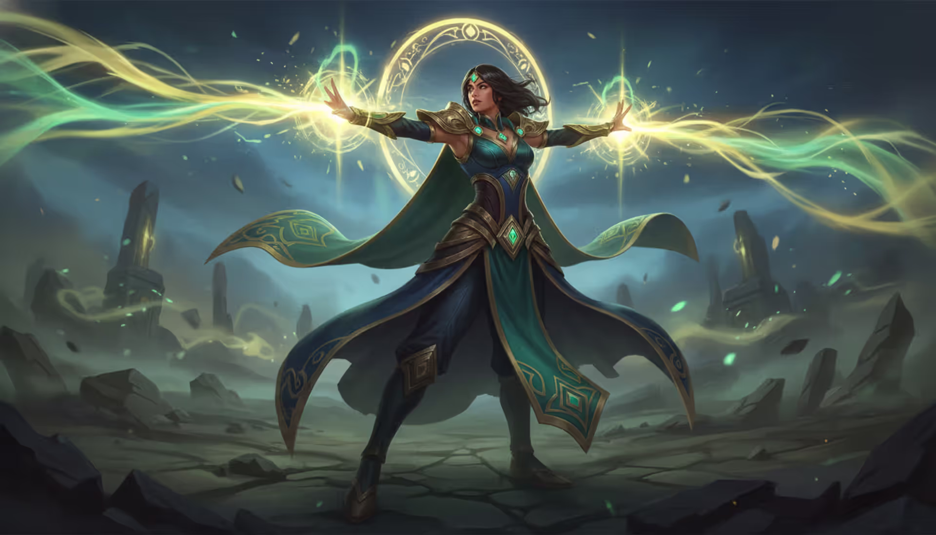 Karma champion from League of Legends in a powerful stance channeling green and gold magical energy from her hands on a dark battlefield
