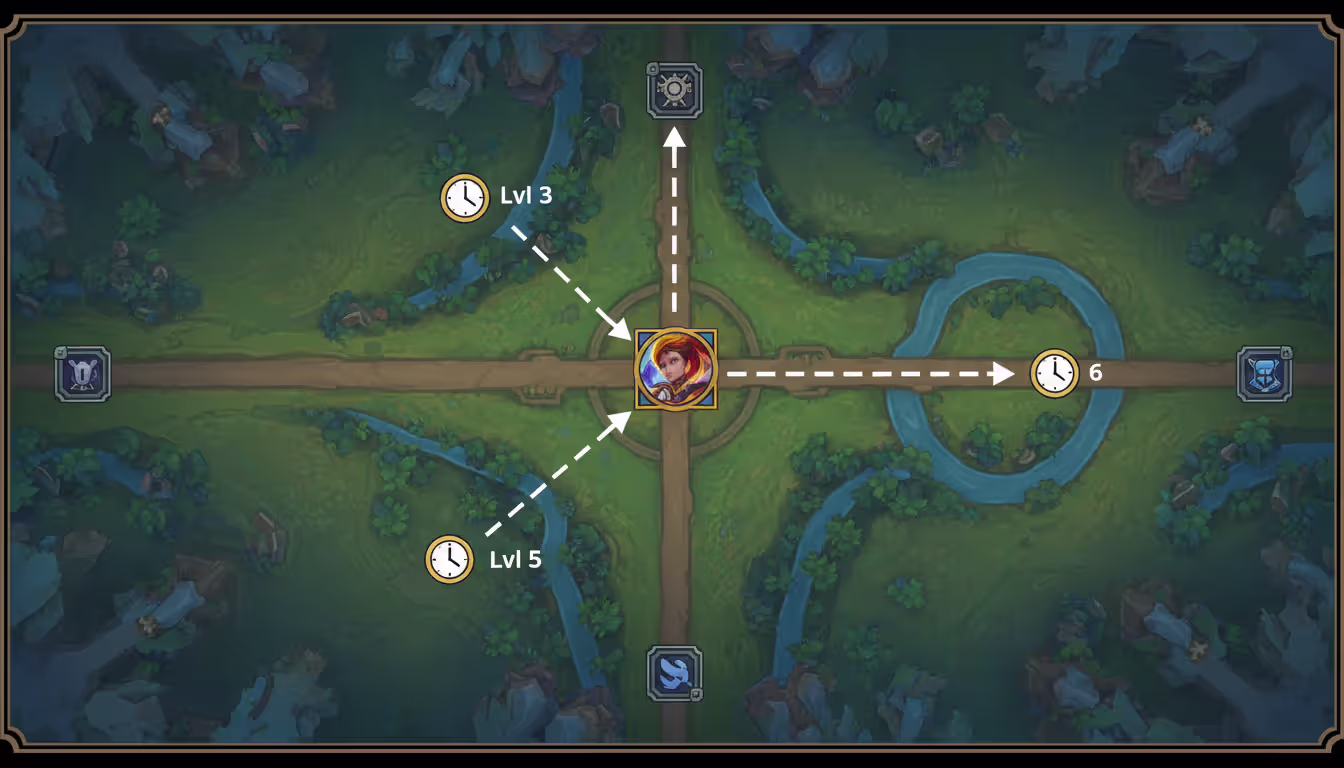 Summoner's Rift mid lane top down view showing Qiyana with three dotted roaming arrows to top lane bot lane and enemy jungle with level timing indicators