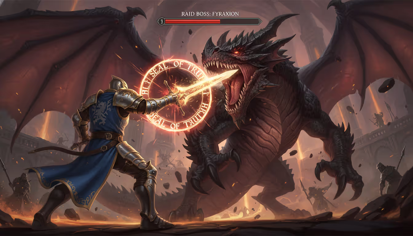 Retribution Paladin striking a raid boss dragon with a two-handed sword glowing with Seal of Truth energy