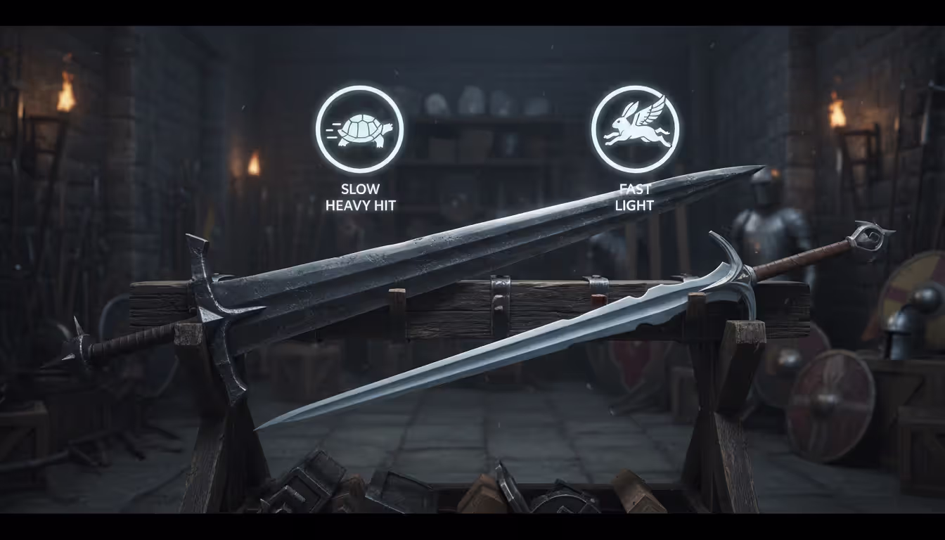 Two two-handed swords compared side by side on a weapon rack one heavy and slow the other light and fast with fantasy speed icons above each in a dark guild armory