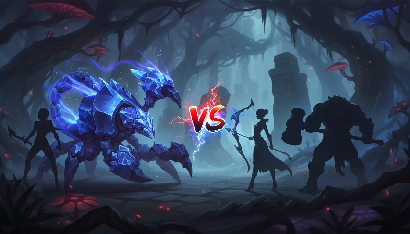 Skarner in defensive stance facing three different enemy jungler silhouettes in a jungle matchup confrontation scene with red and blue lighting