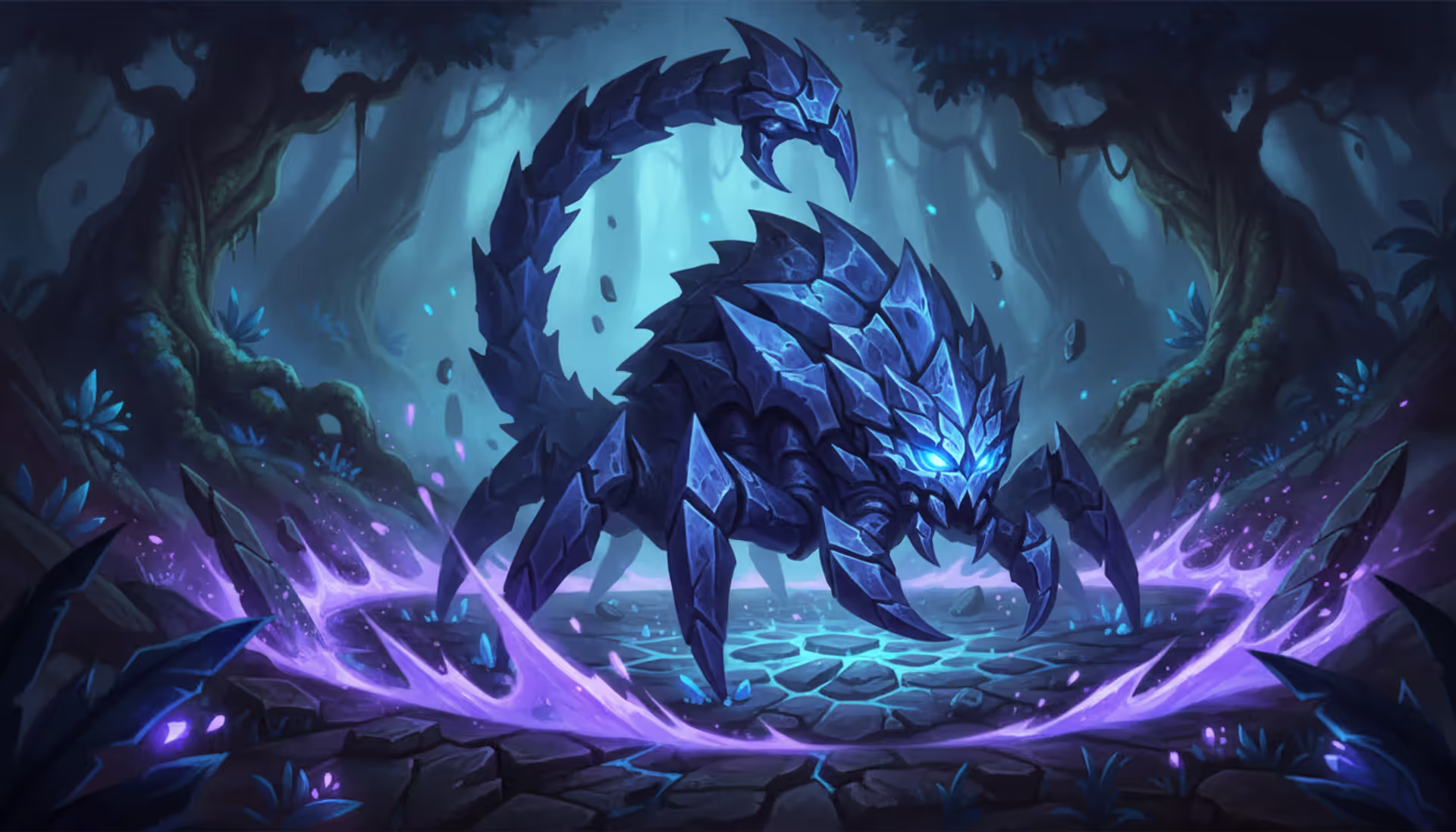 Reworked Skarner crystal scorpion champion standing in a dark jungle with glowing blue magical energy surrounding him in League of Legends art style