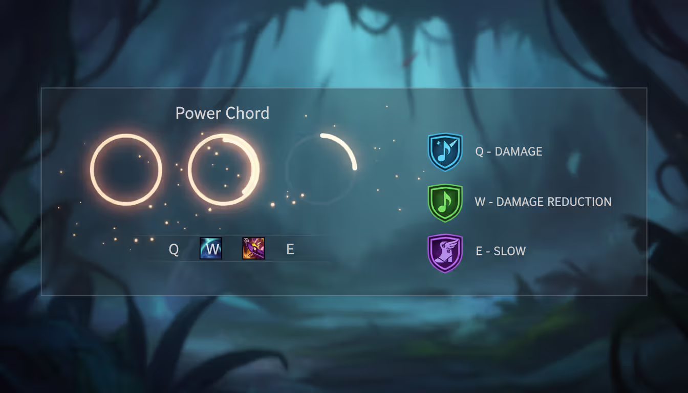 Sona ability bar showing Power Chord passive stacks with three chord types highlighted blue green and purple for damage reduction and slow effects
