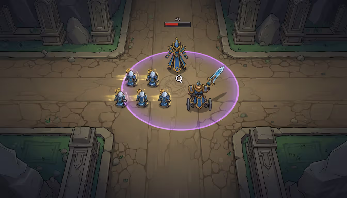 Top-down view of mid lane in League of Legends showing a mage champion positioned behind caster minions with ability range indicator highlighted toward enemy approaching cannon minion