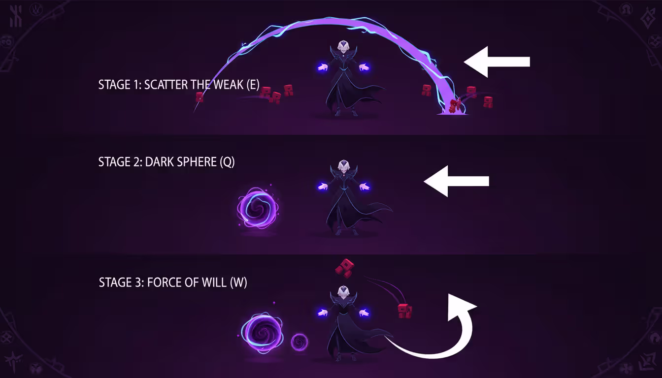 Diagram showing Syndra escape combo sequence with three stages knockback then sphere placement then minion grab retreat with directional arrows