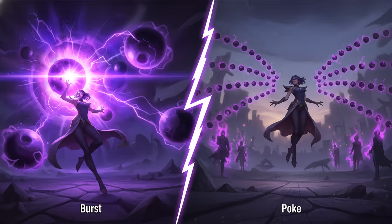 Split comparison illustration of Syndra burst build with concentrated purple energy blast on single target versus poke build with multiple scattered spheres hitting several enemies at long range