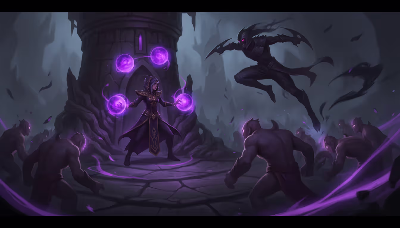 Syndra in defensive position near her tower on mid lane facing an aggressive assassin champion leaping through minion wave with three purple spheres arranged protectively around her