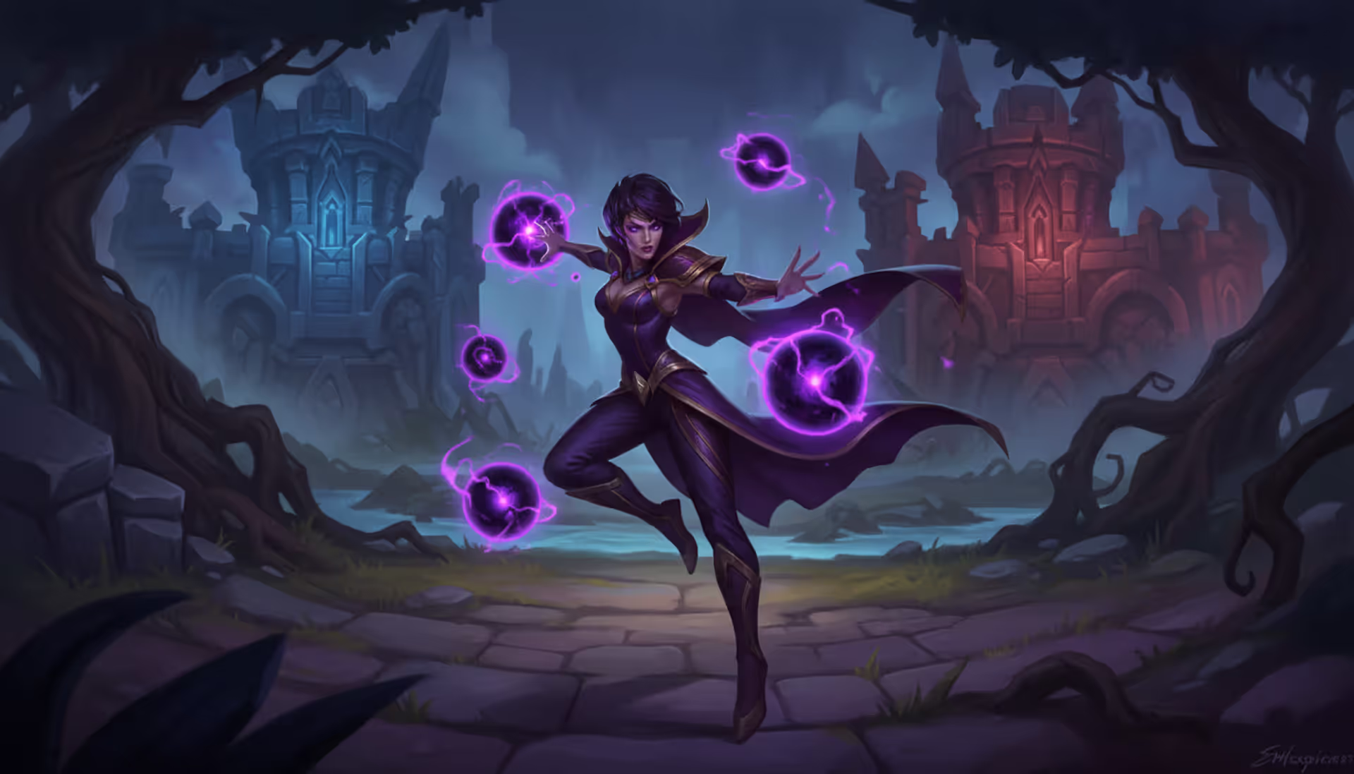 Syndra champion from League of Legends hovering above mid lane with multiple dark purple spheres orbiting around her on Summoner's Rift map