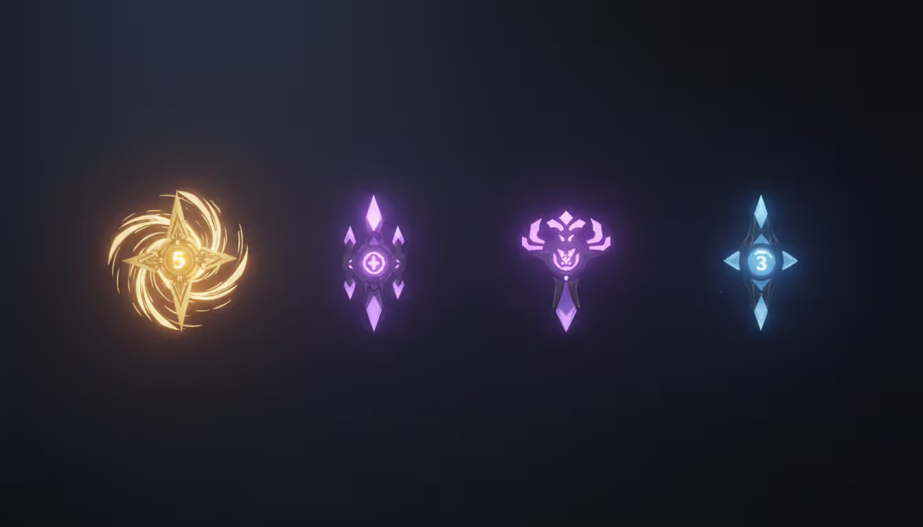 Four Honkai Star Rail Light Cones arranged in a row showing different rarities from five-star gold to three-star blue with glowing effects on dark background
