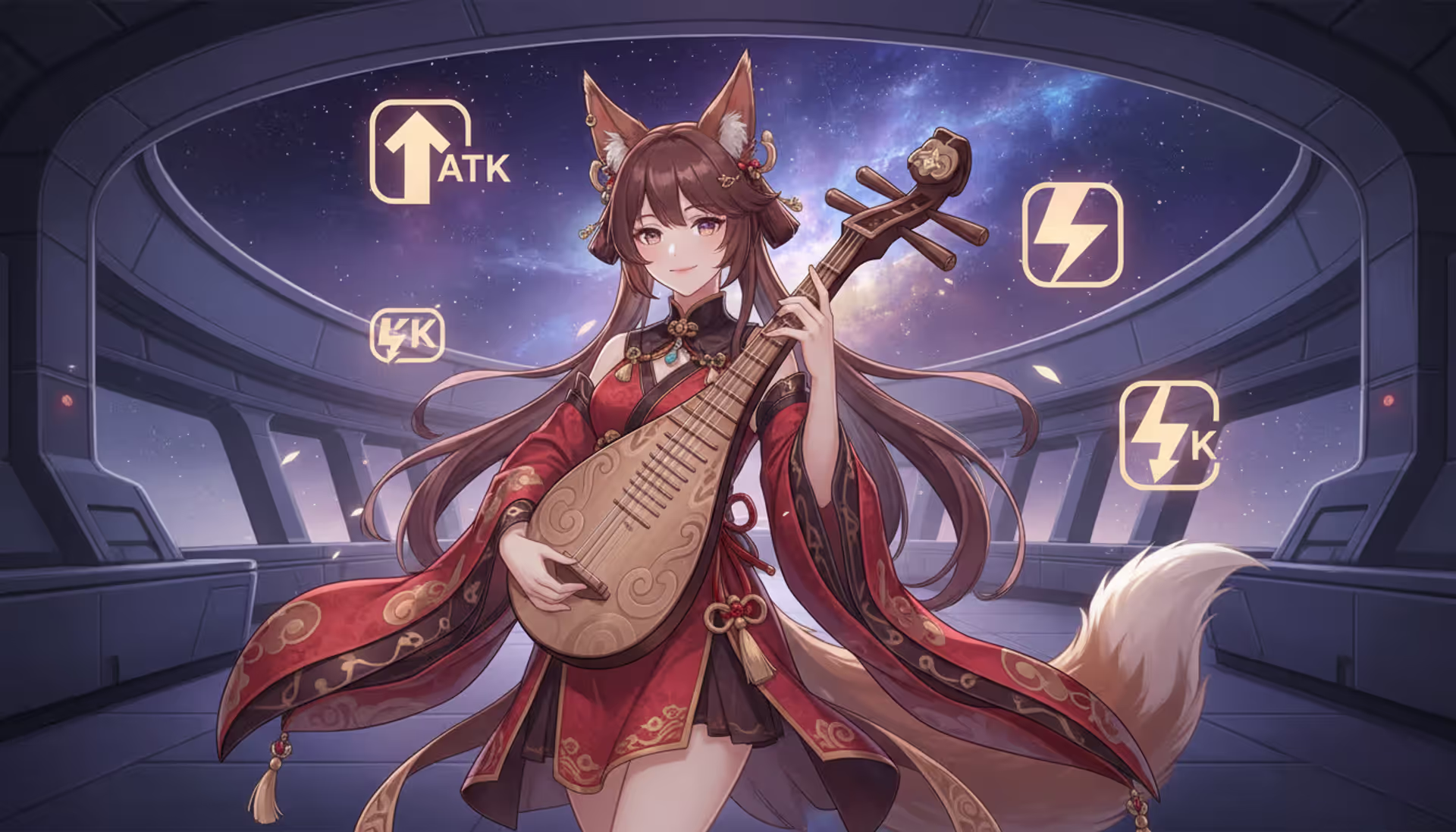 Tingyun character from Honkai Star Rail standing with her lute surrounded by glowing ATK buff icons and lightning energy symbols against a space station background