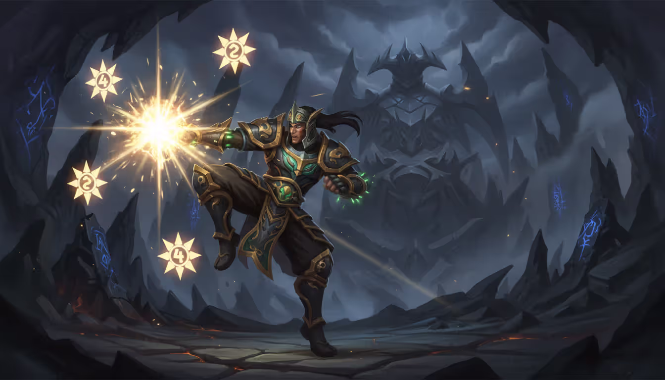 Windwalker Monk in full tier set armor performing Blackout Kick critical strike with golden light explosion and four glowing Rising Sun Kick buff stacks in dark raid arena