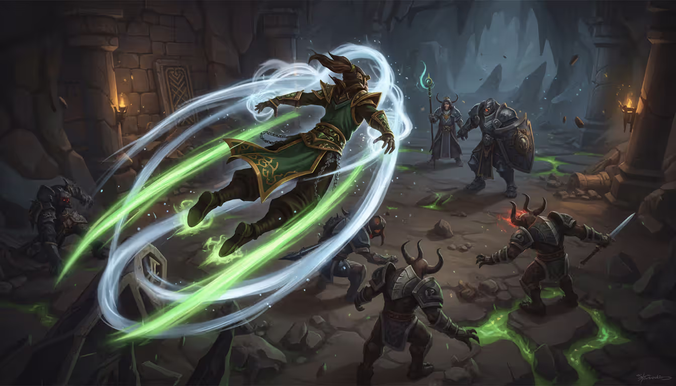 Windwalker Monk performing Flying Serpent Kick over group of enemies in Mythic Plus dungeon with wind energy effects and party members visible in background