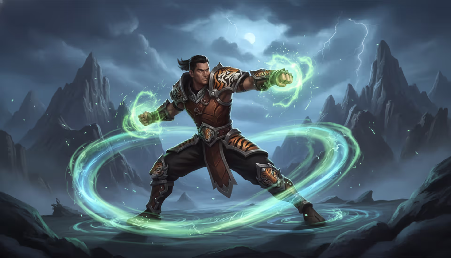 Windwalker Monk character in dynamic combat pose surrounded by green and blue Chi energy streams against epic fantasy mountain landscape in World of Warcraft cinematic style
