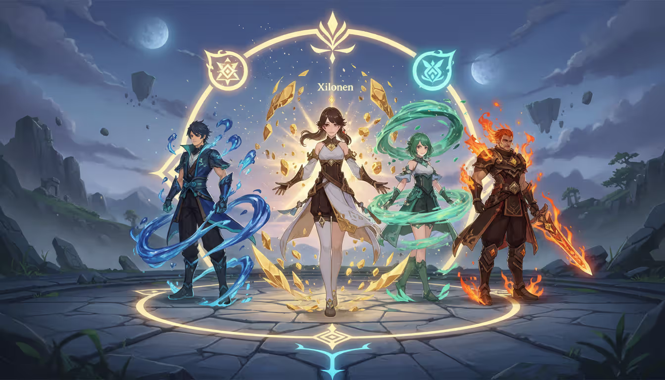 Four Genshin Impact characters in team formation with Geo character in center flanked by Hydro Anemo and Pyro characters surrounded by golden elemental synergy aura