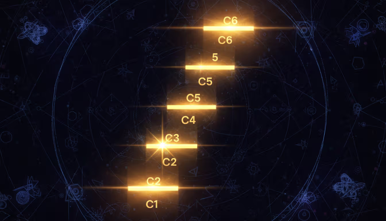 Vertical glowing staircase with six steps labeled C1 to C6 with bright star bursts on C2 and C6 steps against dark background with Geo symbols