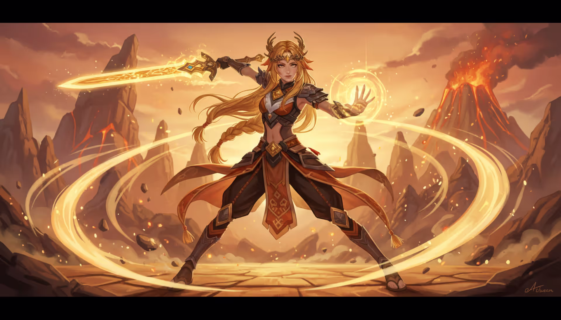 Xilonen from Genshin Impact in a dynamic combat pose with Geo energy waves surrounding her against a Natlan-inspired golden landscape background