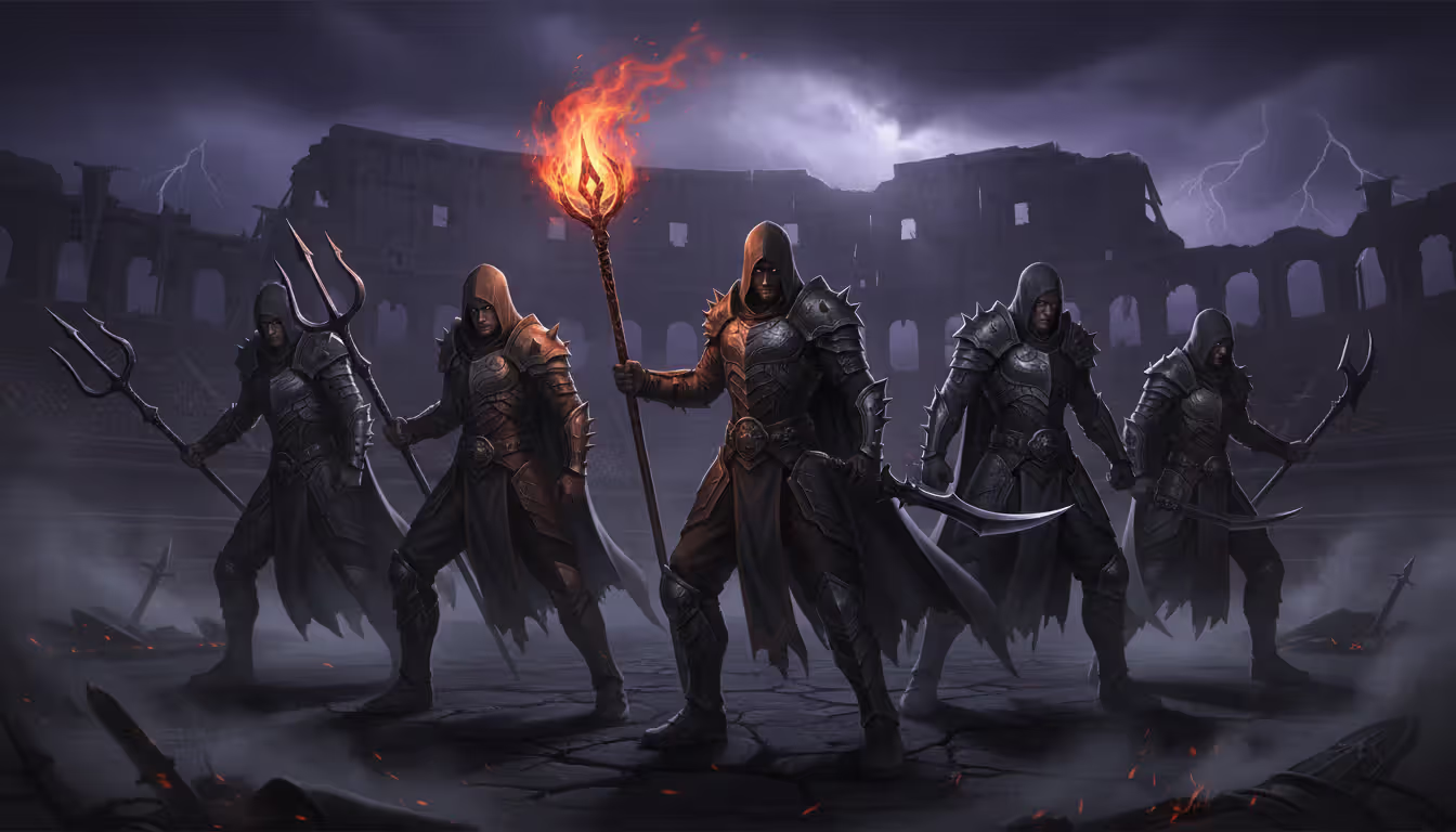 Group of powerful assassin and fighter champions in combat stances surrounded by glowing auras on a dark arena