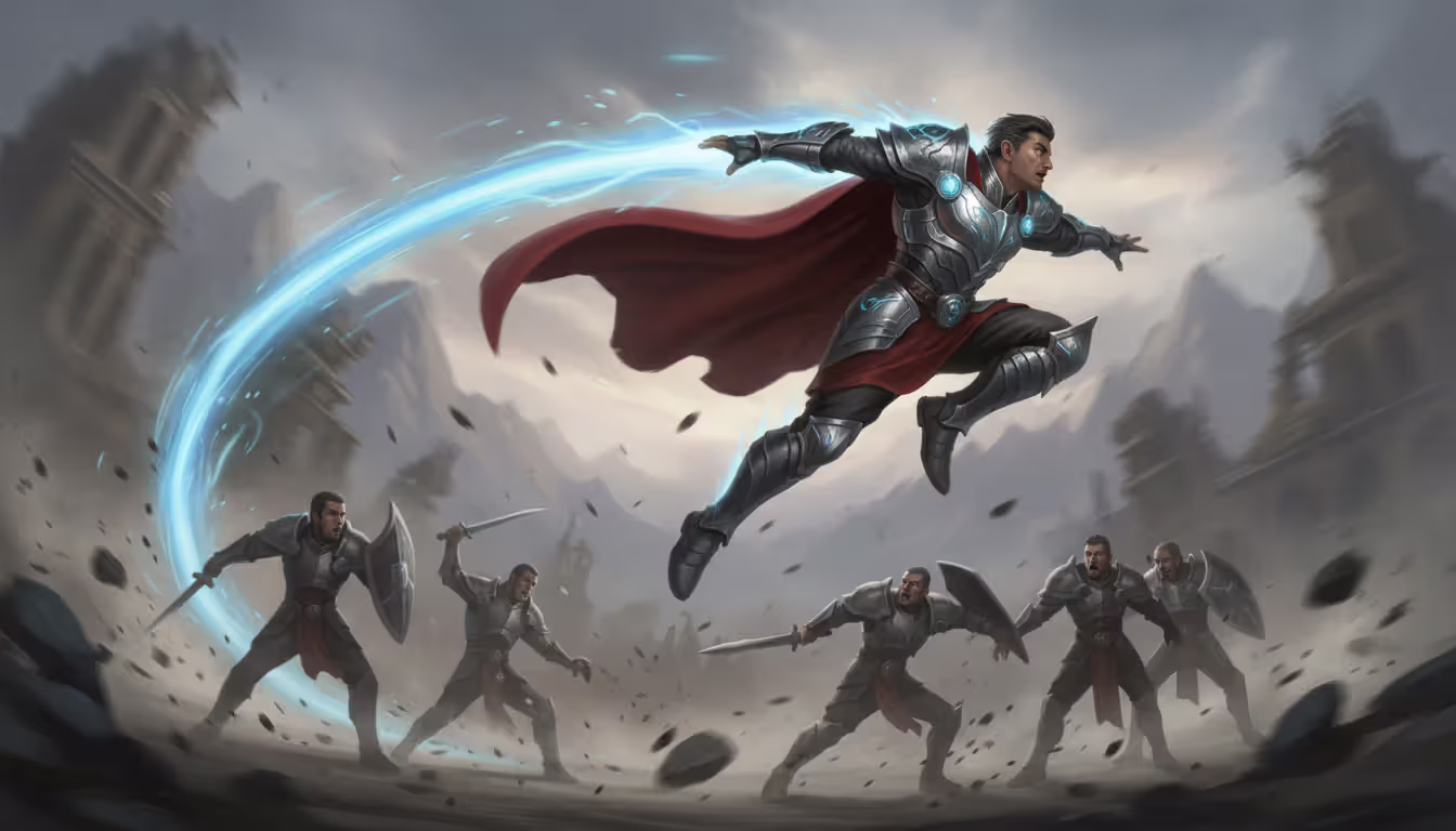 Fast champion dashing through the air with a blue energy trail while opponents below fail to react showing extreme mobility