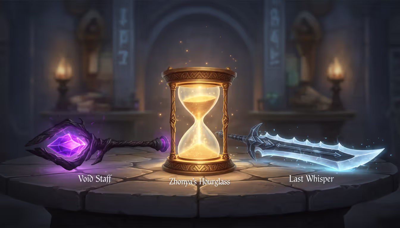 Fantasy game items on a stone table including a glowing hourglass a dark staff with purple crystal and a jagged sword with magical auras