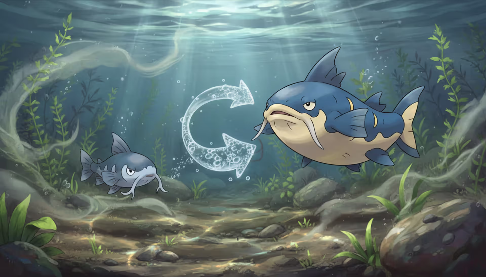Barboach and Whiscash Pokemon side by side underwater in a muddy freshwater pond with an evolution arrow between them