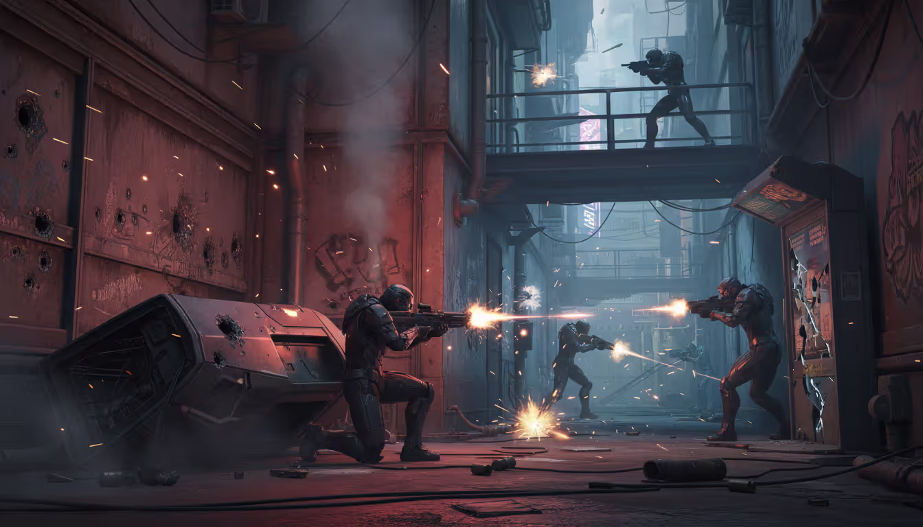 Intense tactical firefight in futuristic city alley with player character behind cover and enemy NPCs flanking and using tactical positions
