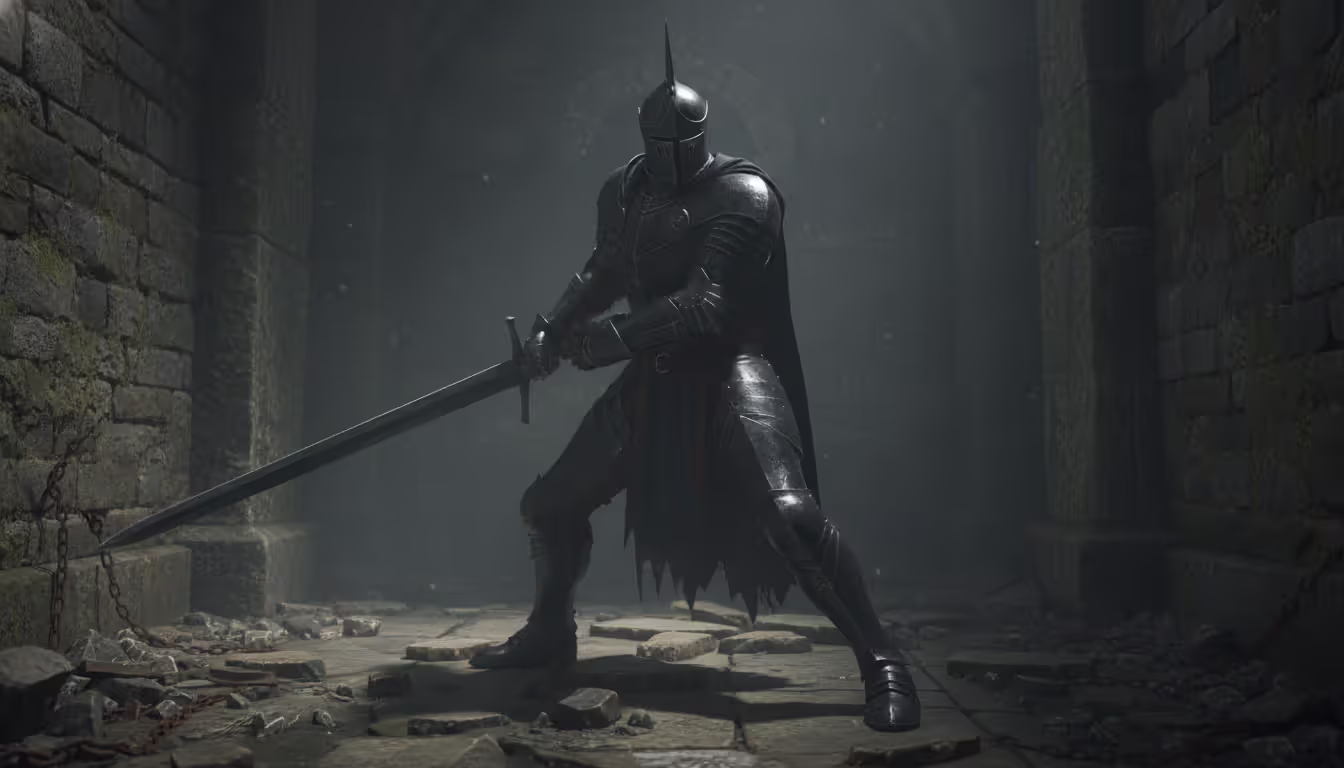 Armored knight in aggressive combat stance with greatsword in underground sewer cell in Elden Ring