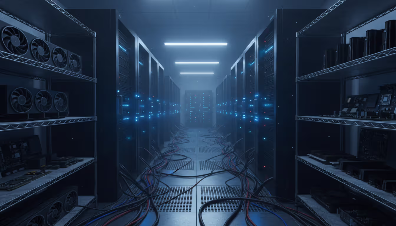 First-person view of a dark server room with rows of server racks, blinking LED lights, cables on the floor, and tech components like graphics cards on shelves illuminated by cold blue light