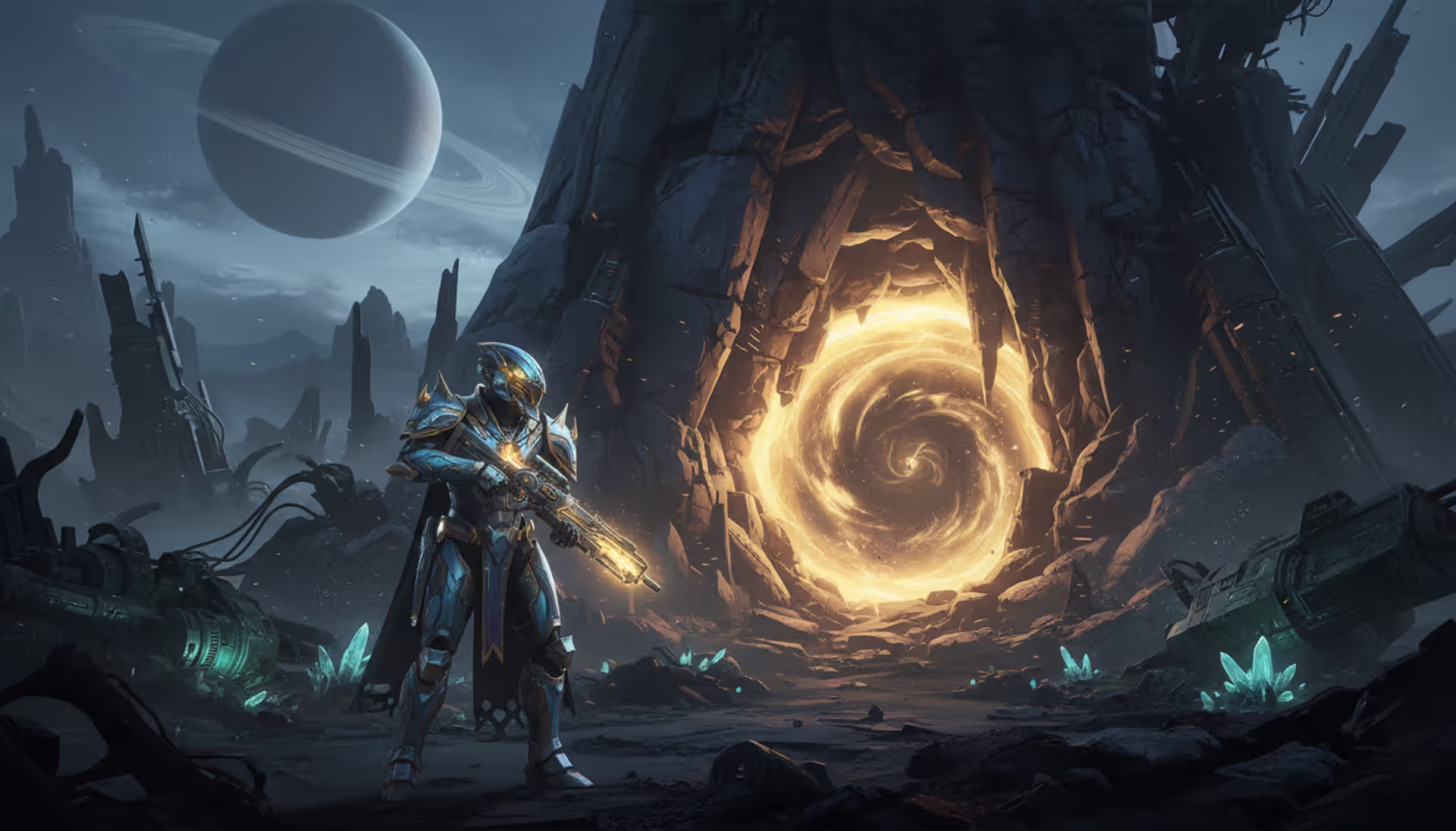 A lone Destiny 2 Guardian in exotic armor standing before a glowing Lost Sector entrance on an alien landscape