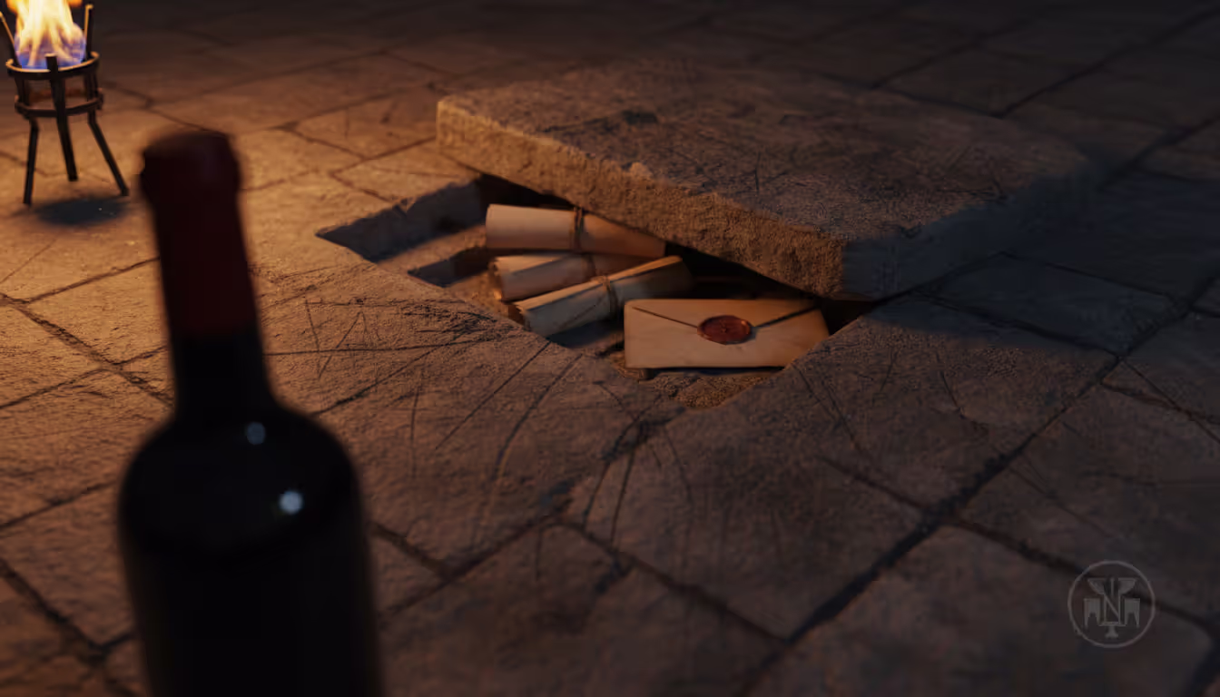 Close-up of a medieval stone floor with drag marks, a lifted flagstone revealing a hidden compartment with old sealed letters, a dark wine bottle nearby, torchlight, dark fantasy style