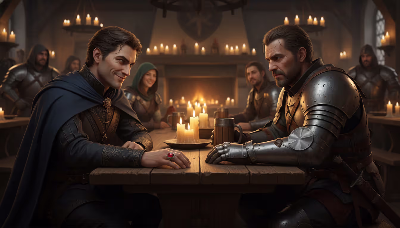 A well-dressed suspicious man with a red gemstone ring sitting in a medieval fantasy tavern, facing an armored adventurer in tense dialogue, warm candlelight, other patrons in the background
