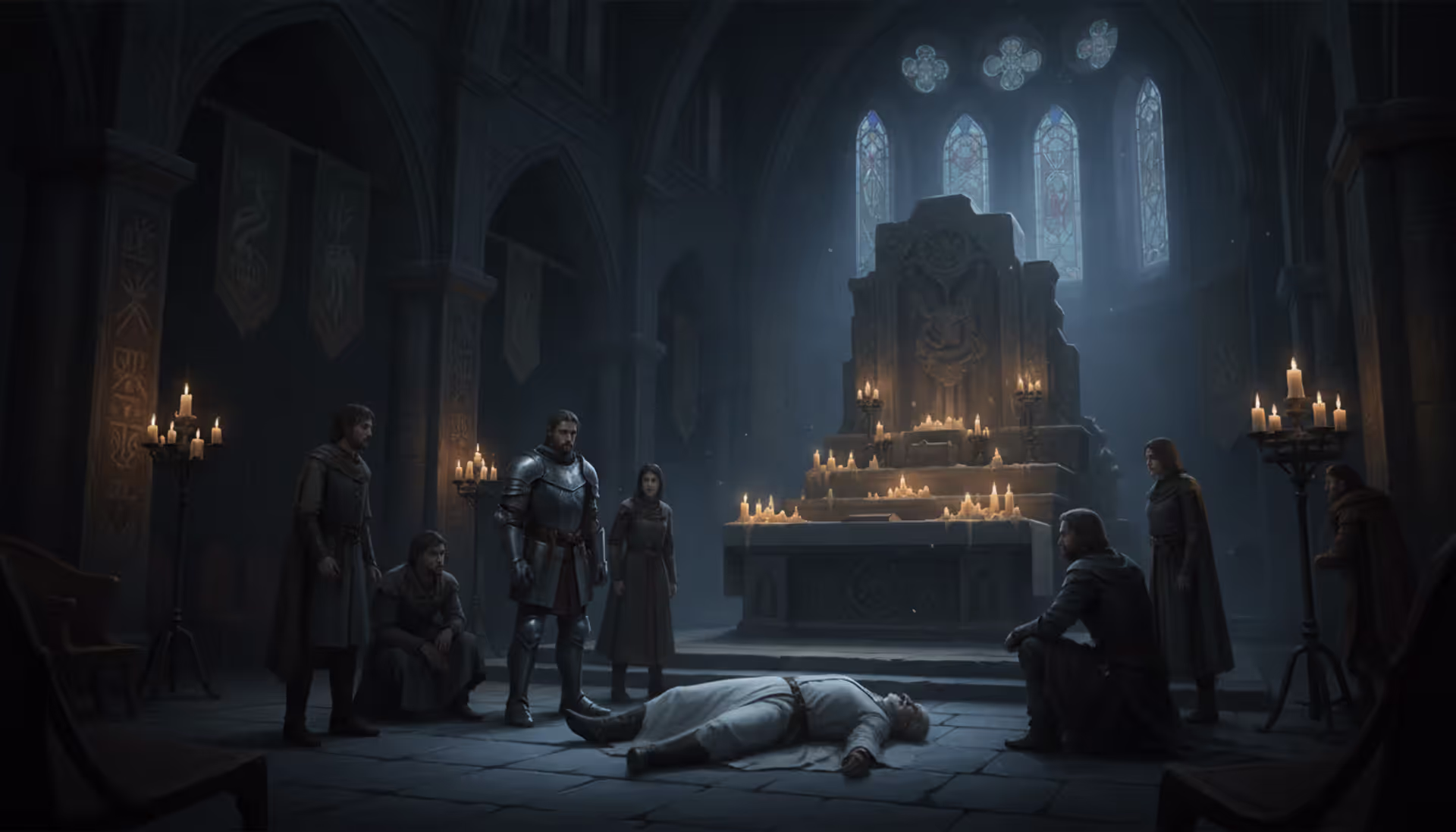 Dark fantasy medieval stone temple interior with a body of an elderly priest lying on the floor, concerned NPCs standing around, candlelight atmosphere, Baldur's Gate 3 style