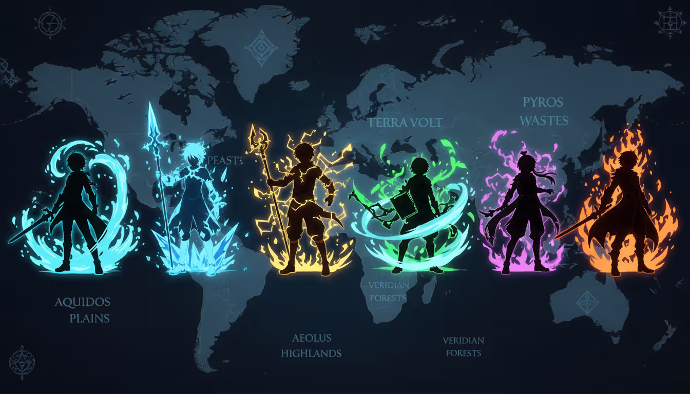 Six anime character silhouettes in a row each surrounded by different elemental auras holding various weapons against a dark fantasy world map