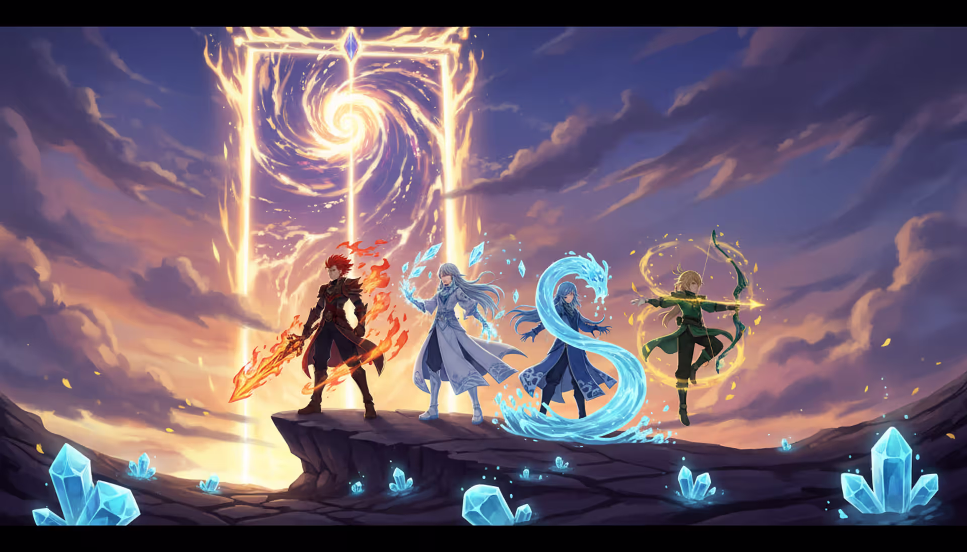 Anime-style fantasy characters of different elements standing on a cliff with a glowing wish banner portal in the sky and primogem crystals scattered below