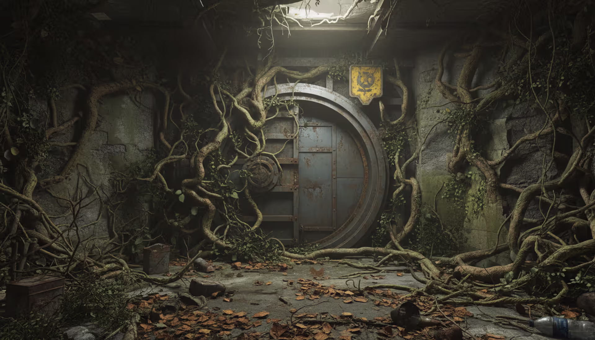 Overgrown entrance to Vault 22 with massive steel door partially covered by mutated vines and roots in dim post-apocalyptic lighting