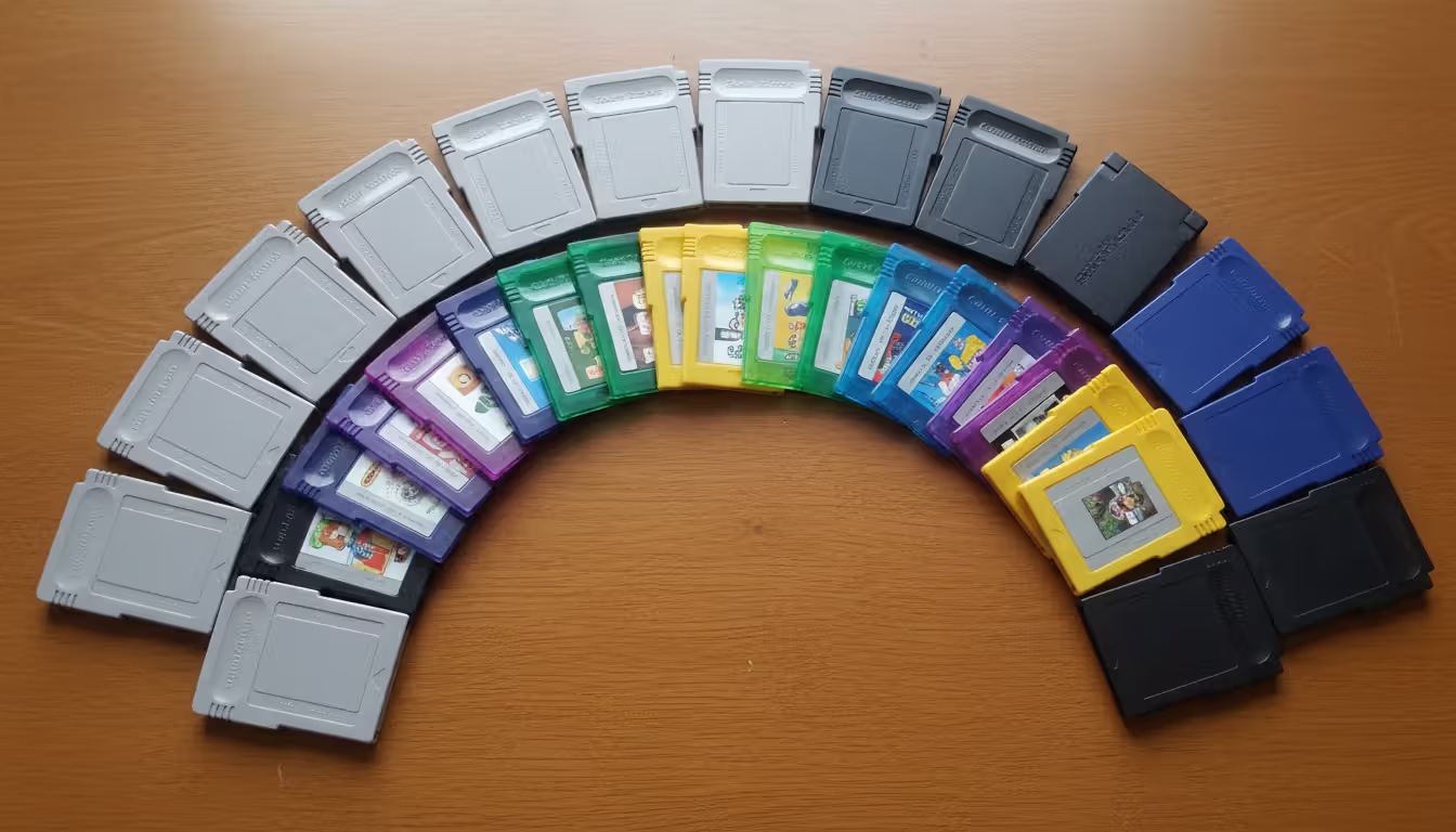 Collection of colorful Game Boy cartridges arranged in a fan shape on a wooden table, showing gray original GB, transparent GBC, and dark GBA cartridges in top-down view with soft diffused lighting