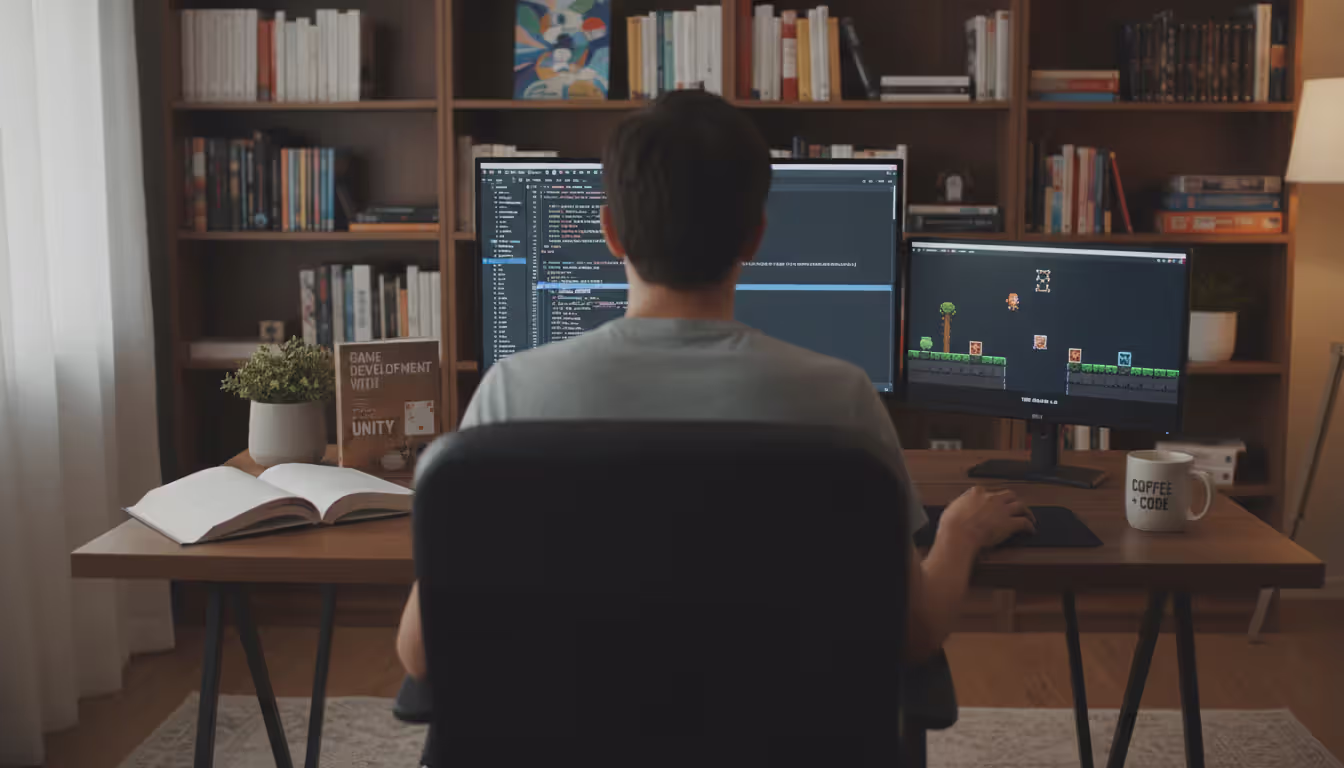 Young person studying game programming at a home desk with a code editor on one monitor and a simple 2D game running on another monitor, an open programming book nearby