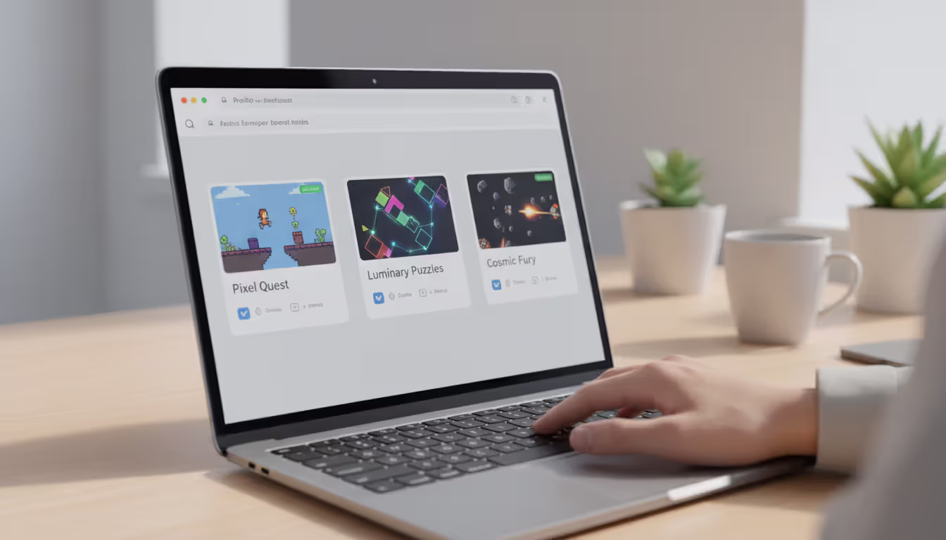 Laptop screen showing a game developer portfolio website with three project cards featuring game screenshots of a platformer, a puzzle game, and a mini shooter, a hand touching the laptop touchpad
