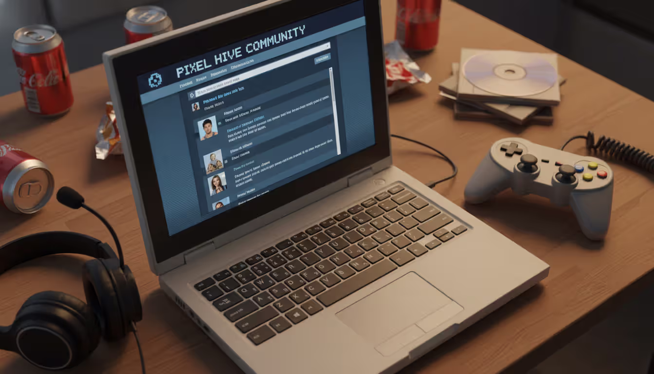Retro computer screen displaying an online gaming forum with a game controller nearby, early 2010s aesthetic