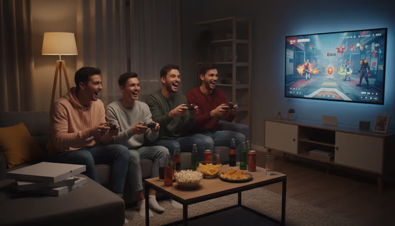 Group of diverse friends sitting on a couch playing video games together in a cozy living room with snacks on the table