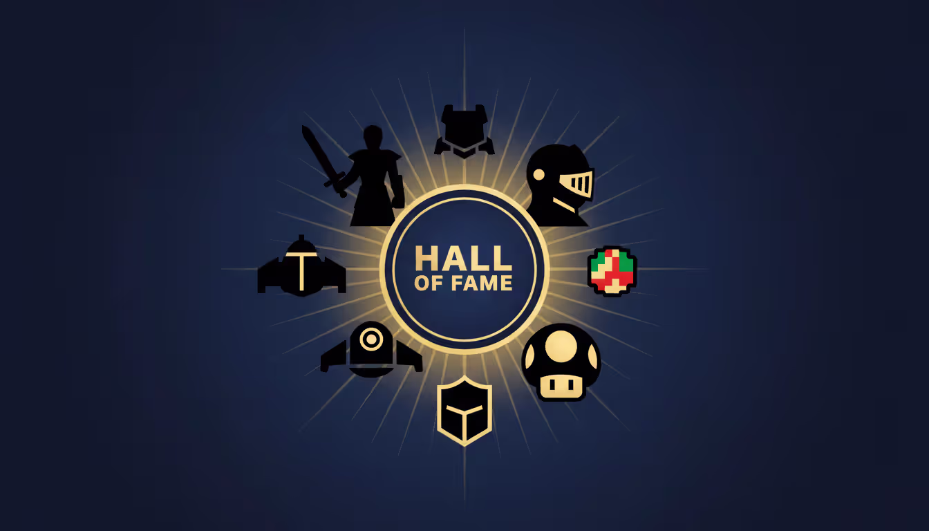 Flat art composition of iconic gaming silhouettes and symbols surrounding a golden Hall of Fame emblem on a dark blue gradient background