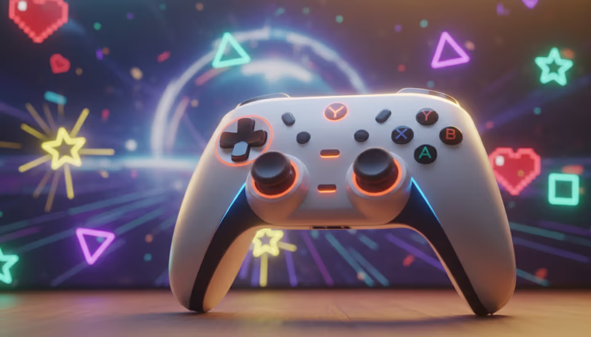Modern gaming controller in front of a glowing neon screen with abstract pixel art elements celebrating National Video Game Day