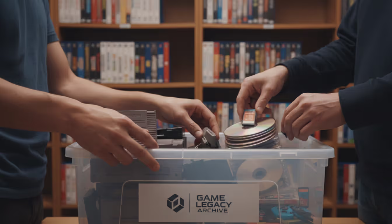 Multiple hands placing old cartridges discs and flash drives into a protective archive container with neatly organized game boxes on shelves in the background resembling a library atmosphere
